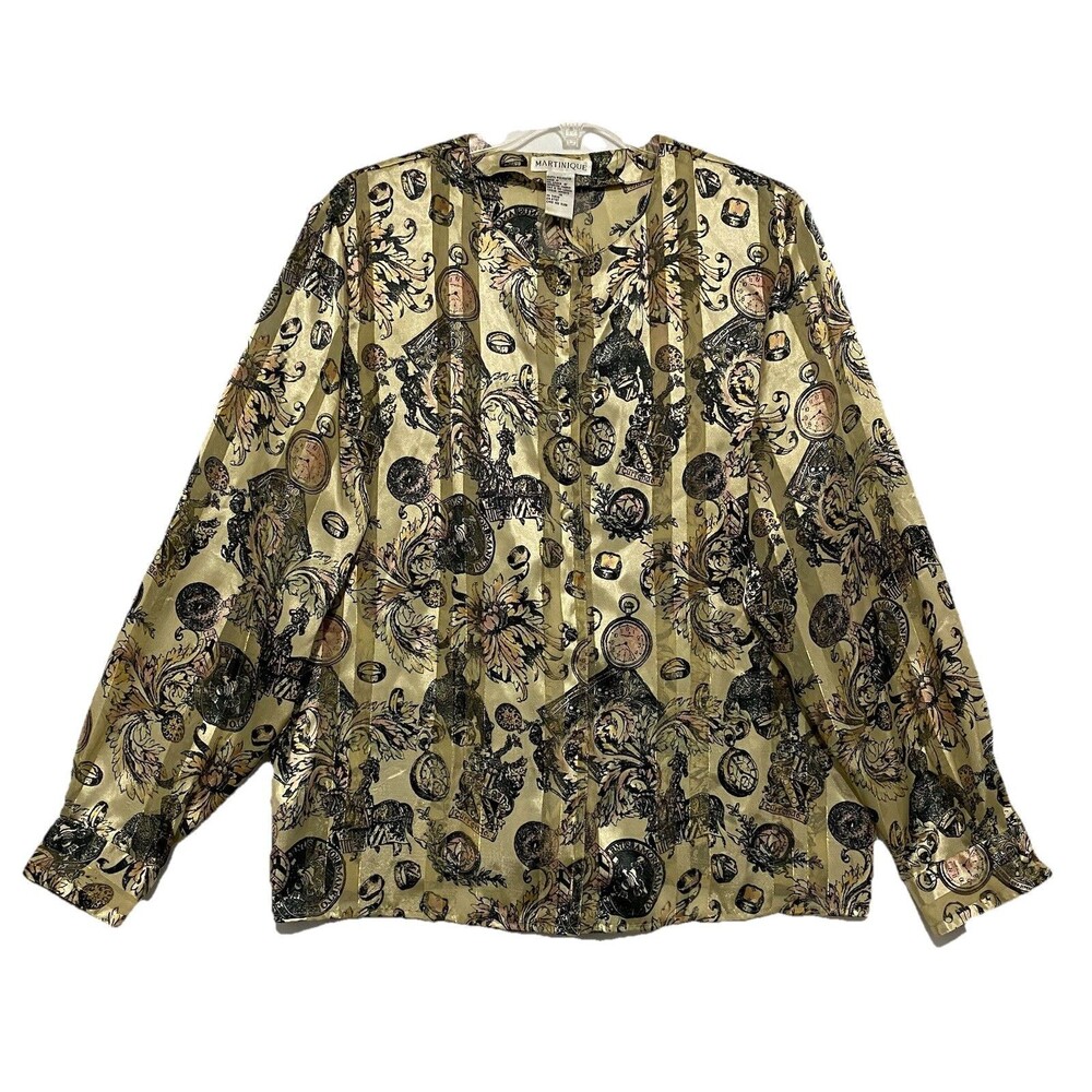 Martinique Womens Size 10 Button Front Blouse Beige Baroque Novelty Print